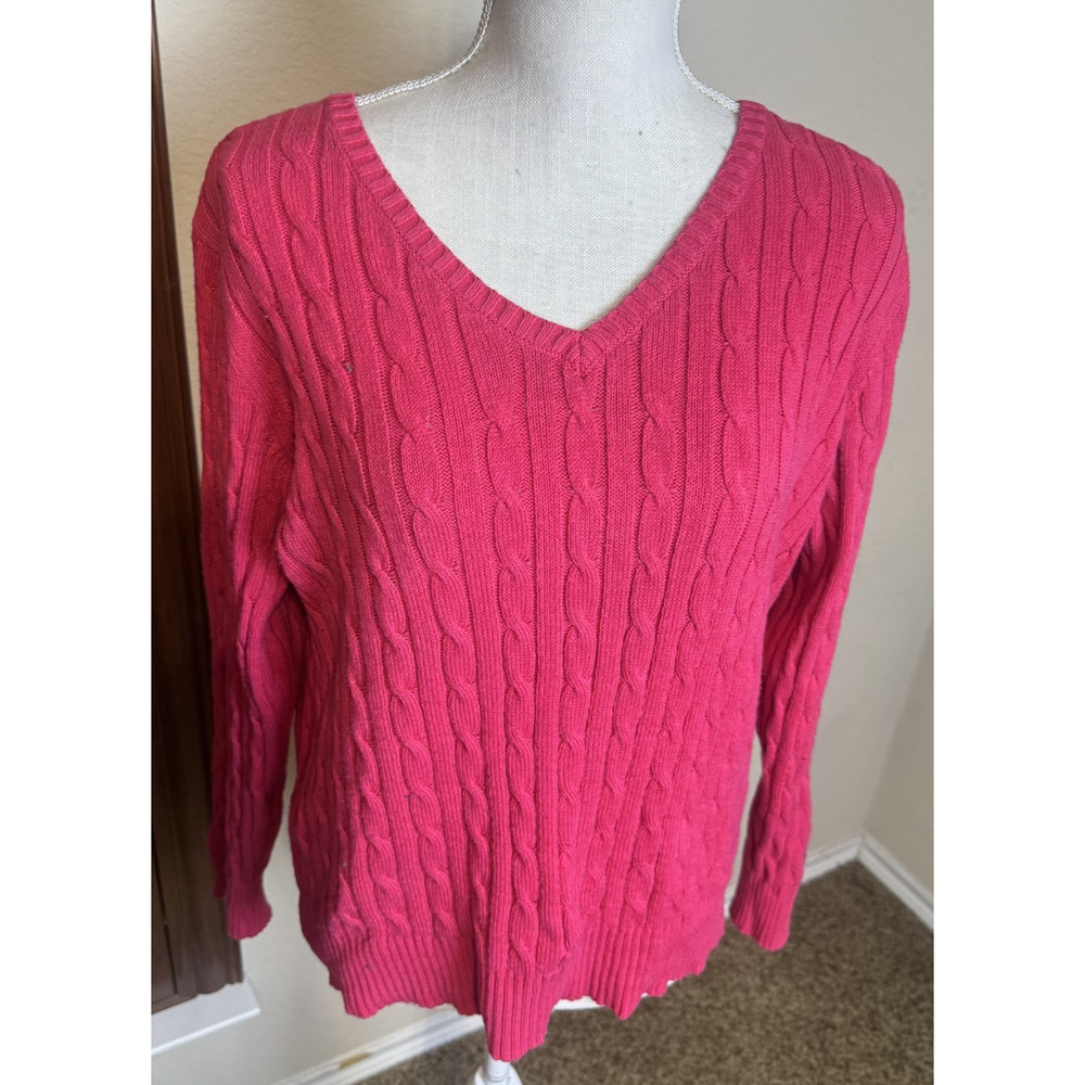 St Johns Bay Womens Red Cotton Cable Knit Vneck Sweater sz L Preppy Classic